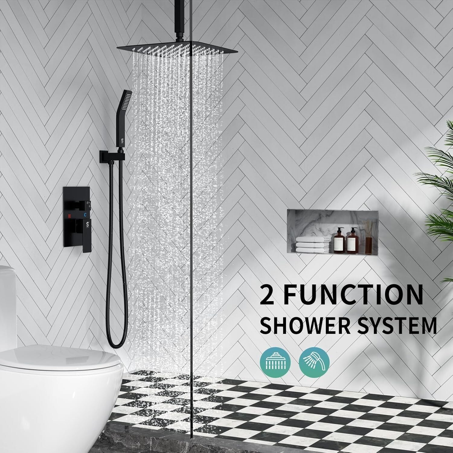 Matte Black Luxury Shower Faucet Set - 12 Inch Rain Shower Head with Trim Kit