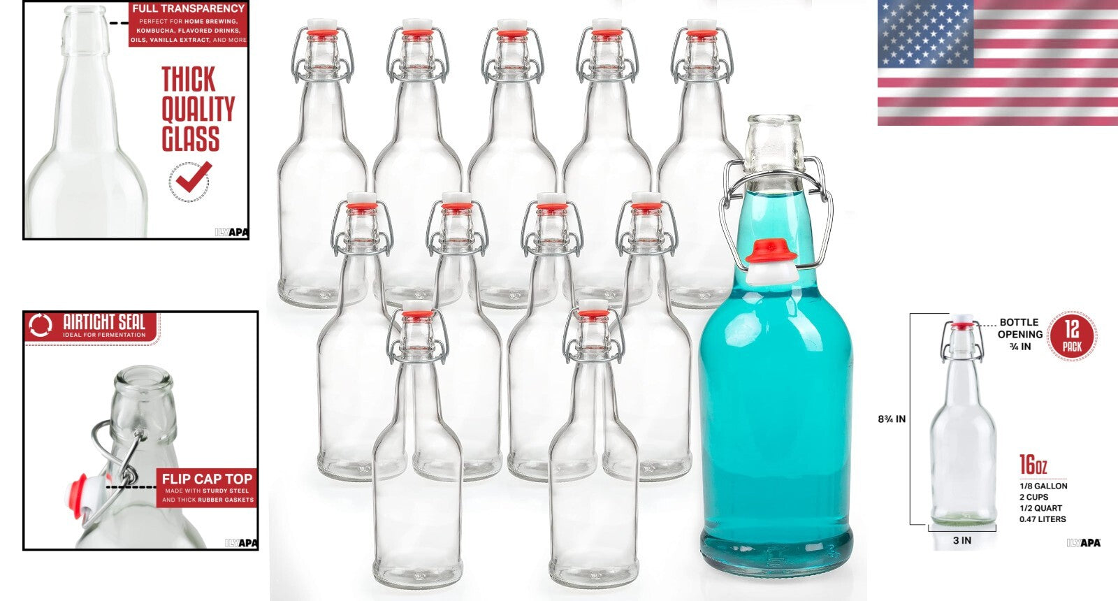 Heavy-Duty 16 oz Clear Swing Top Glass Bottles - Ideal for DIY Brewing Projects