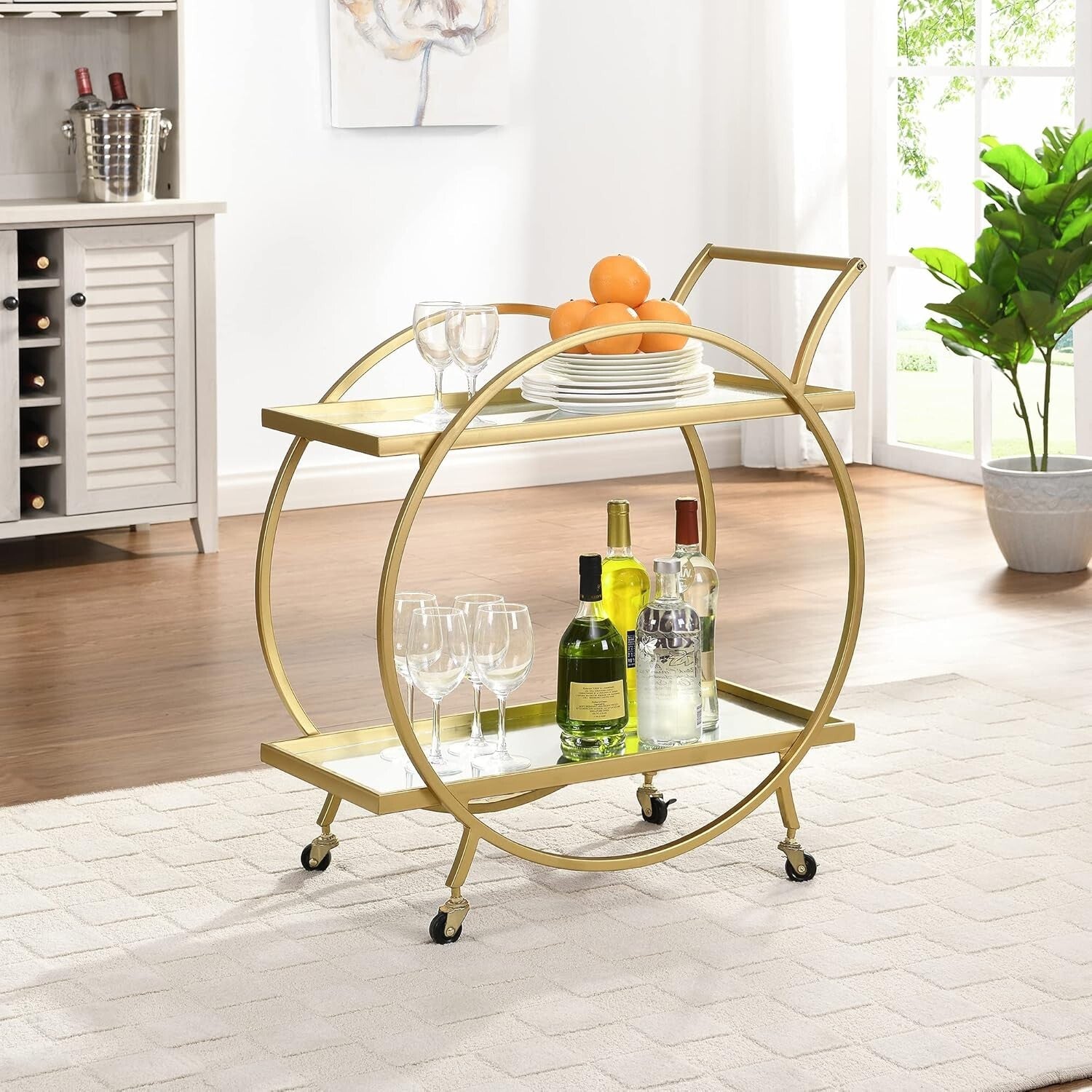 Sophisticated Gold Metal Bar Cart with Mirrors and Locking Wheels - 28 inches
