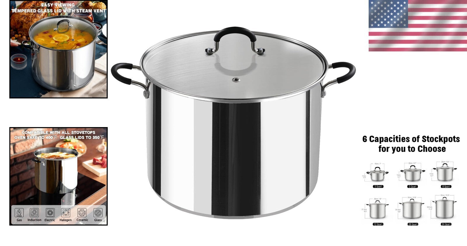20 Quart Large Capacity Sauce Pot with Stay-Cool Silicone Handles and Steam Vent