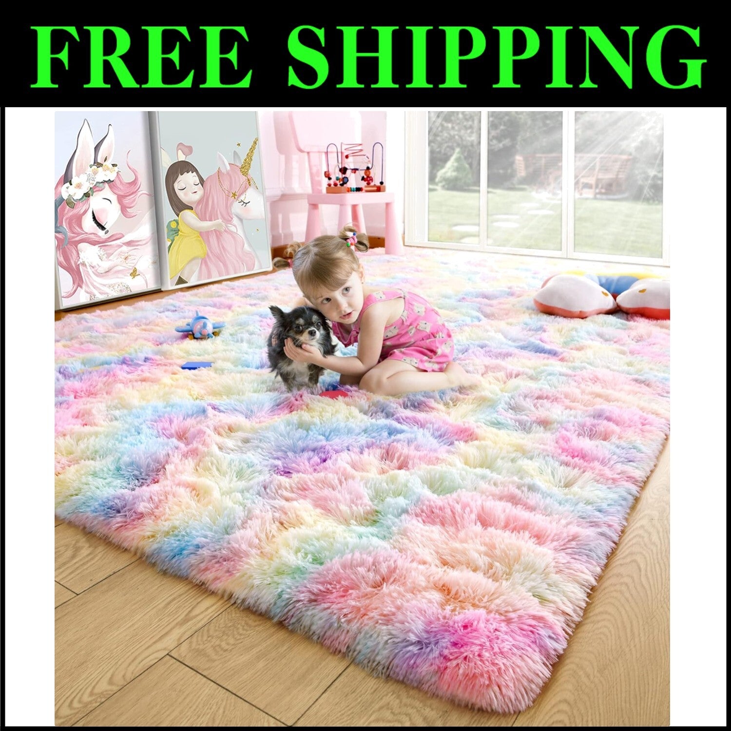 Vibrant 6x9 Fluffy Rainbow Rug for Kids' Playroom & Girls' Bedroom Decor