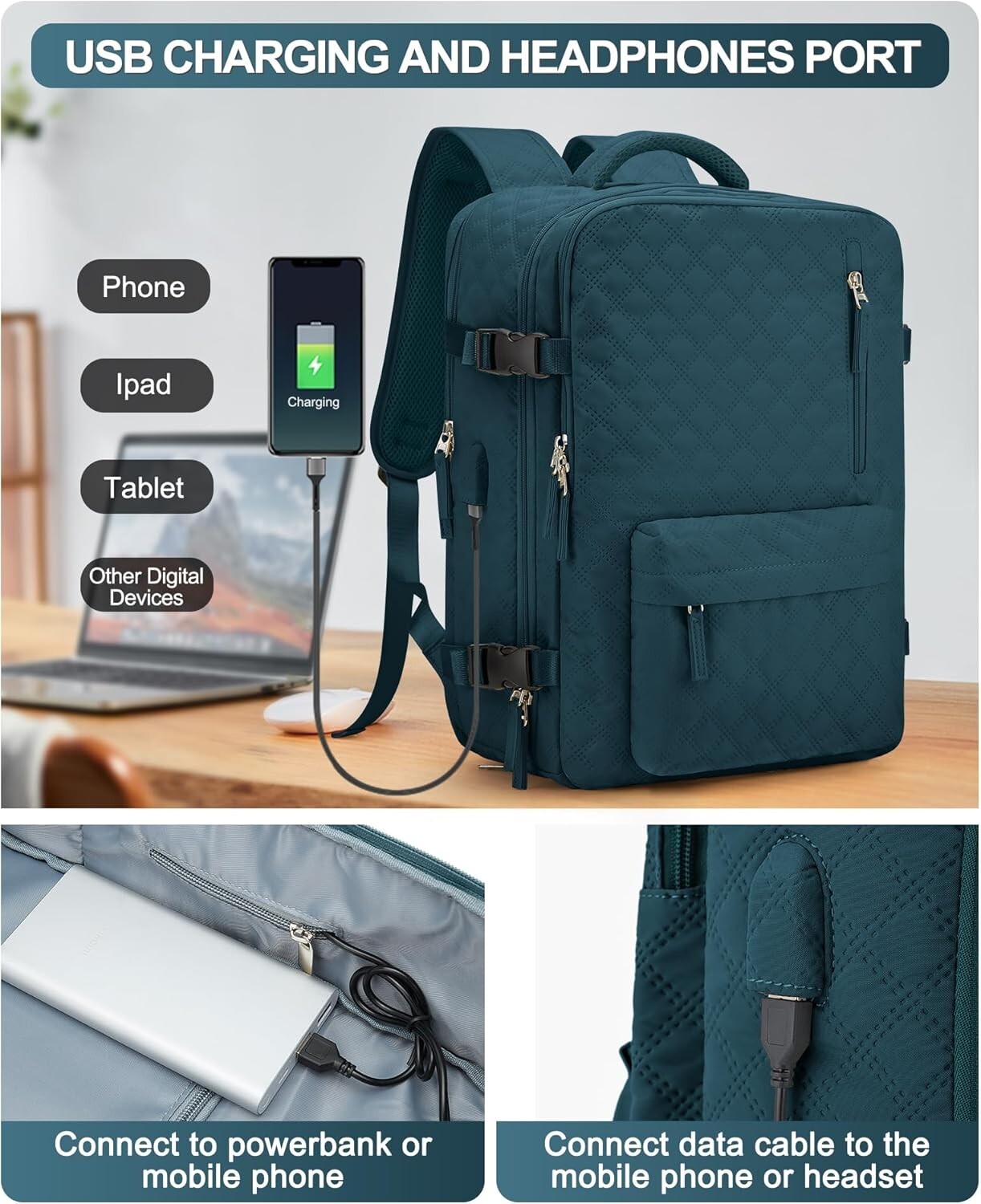 Multi-Compartment Peacock Blue Travel Backpack for Laptop and Gym Essentials