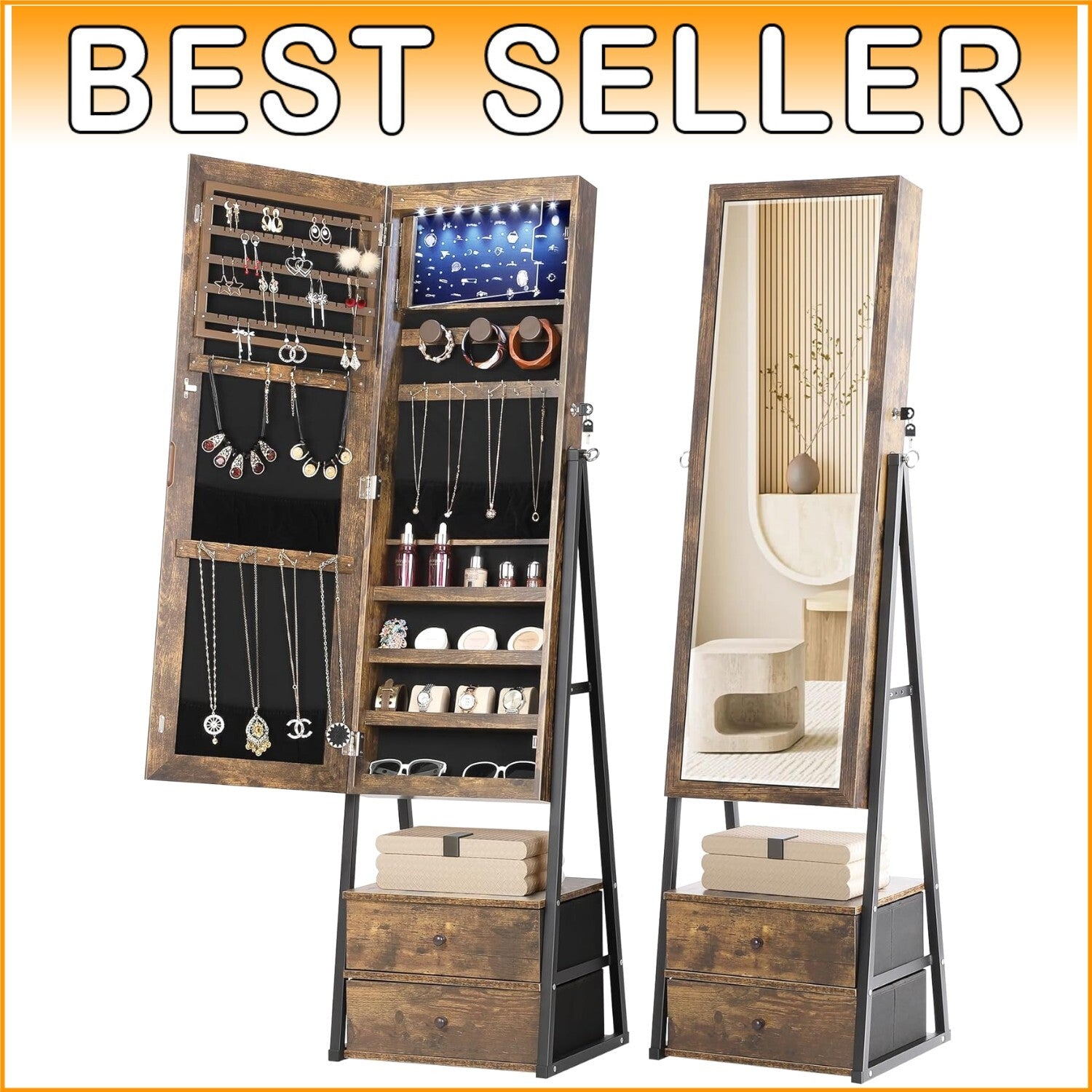Full-Length Mirror Jewelry Cabinet with Velvet Compartments & 2 Drawers
