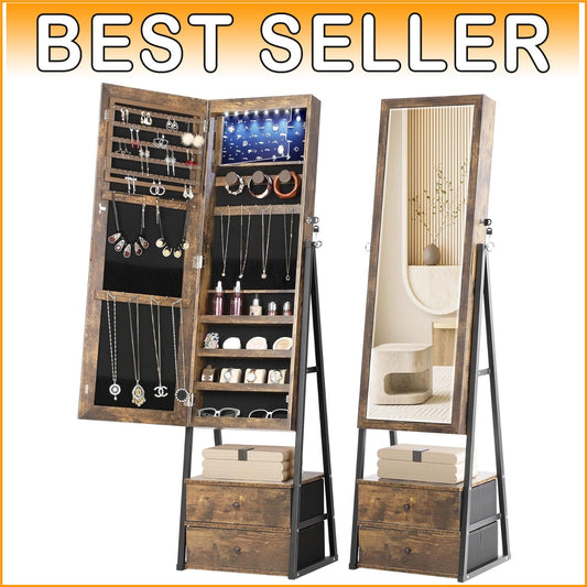 Full-Length Mirror Jewelry Cabinet with Velvet Compartments & 2 Drawers