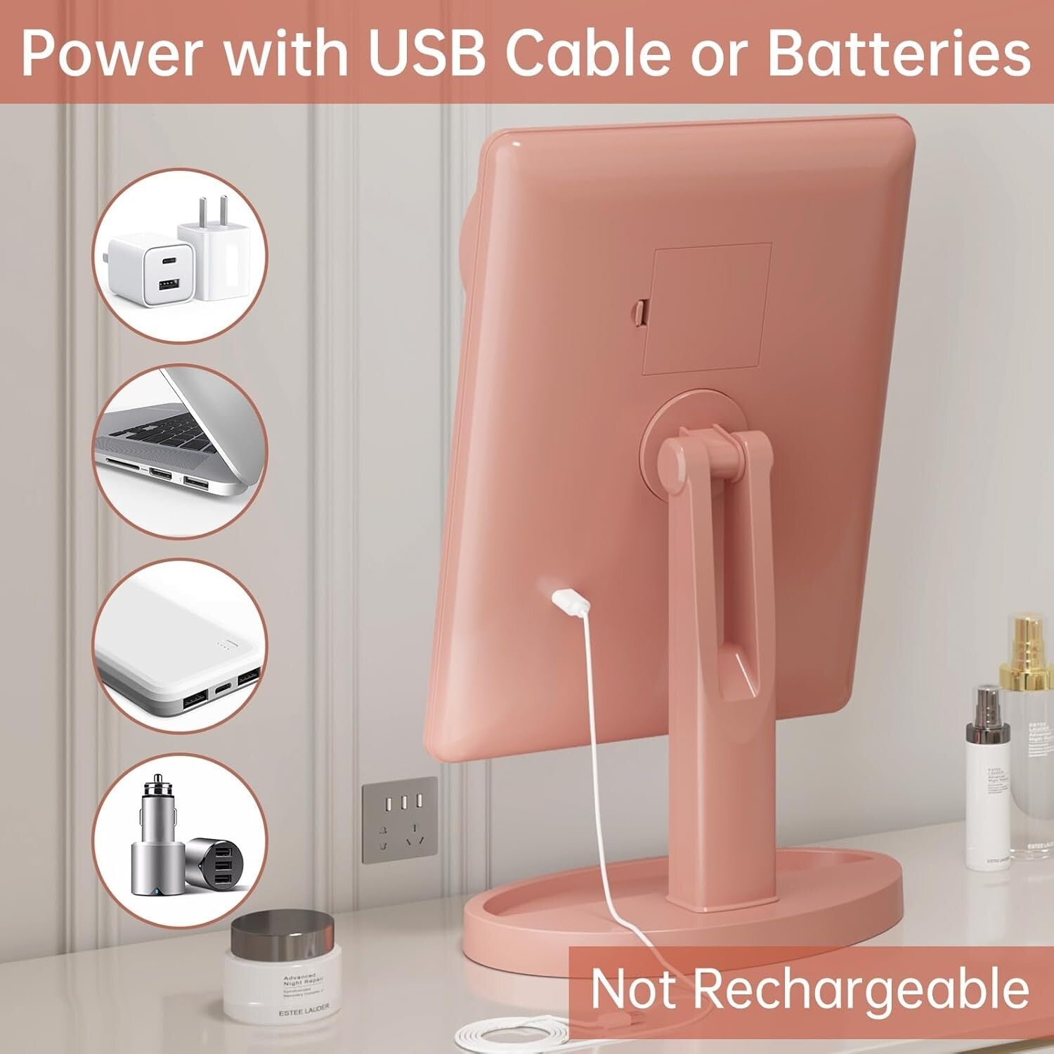 Large Lighted Makeup Mirror with 10X Magnification & 360° Rotation in Rose Gold