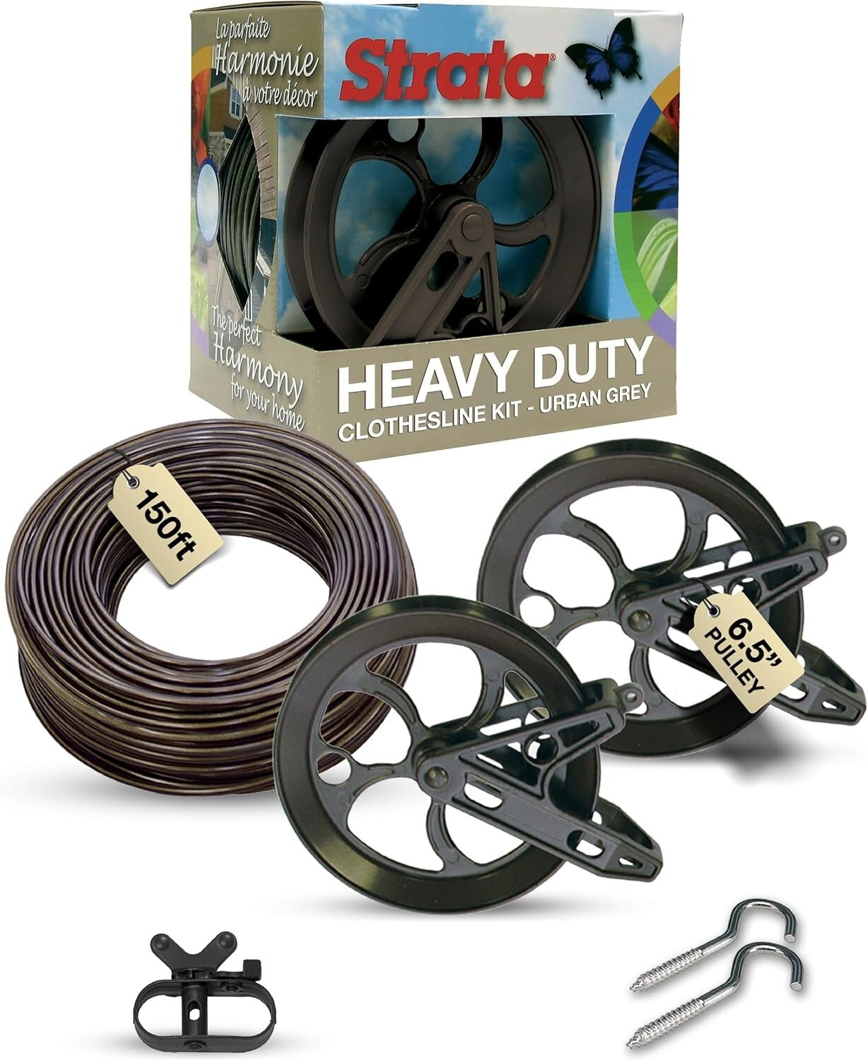 150ft Aged Bronze Heavy-Duty Clothesline with Rust-Resistant Pulleys & Hooks