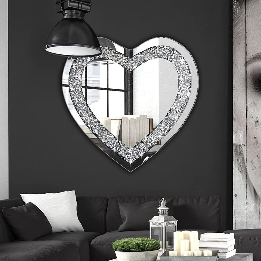 Stunning 24" Frameless Heart-Shaped Mirror with Acrylic Diamonds - Home Decor