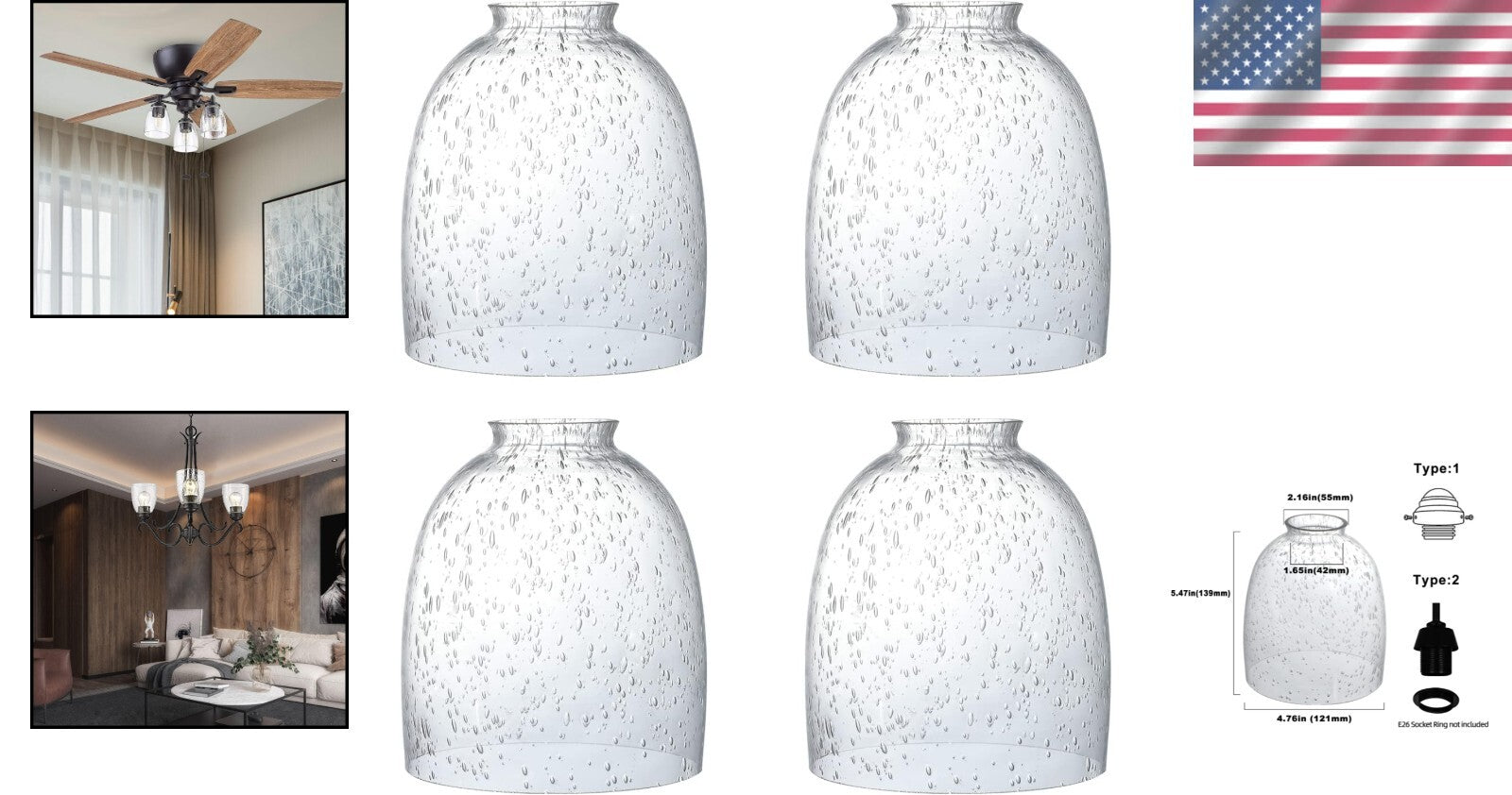 Elegant 4-Pack Seeded Glass Lamp Shades, 2-1/8" Fitter for Contemporary Style