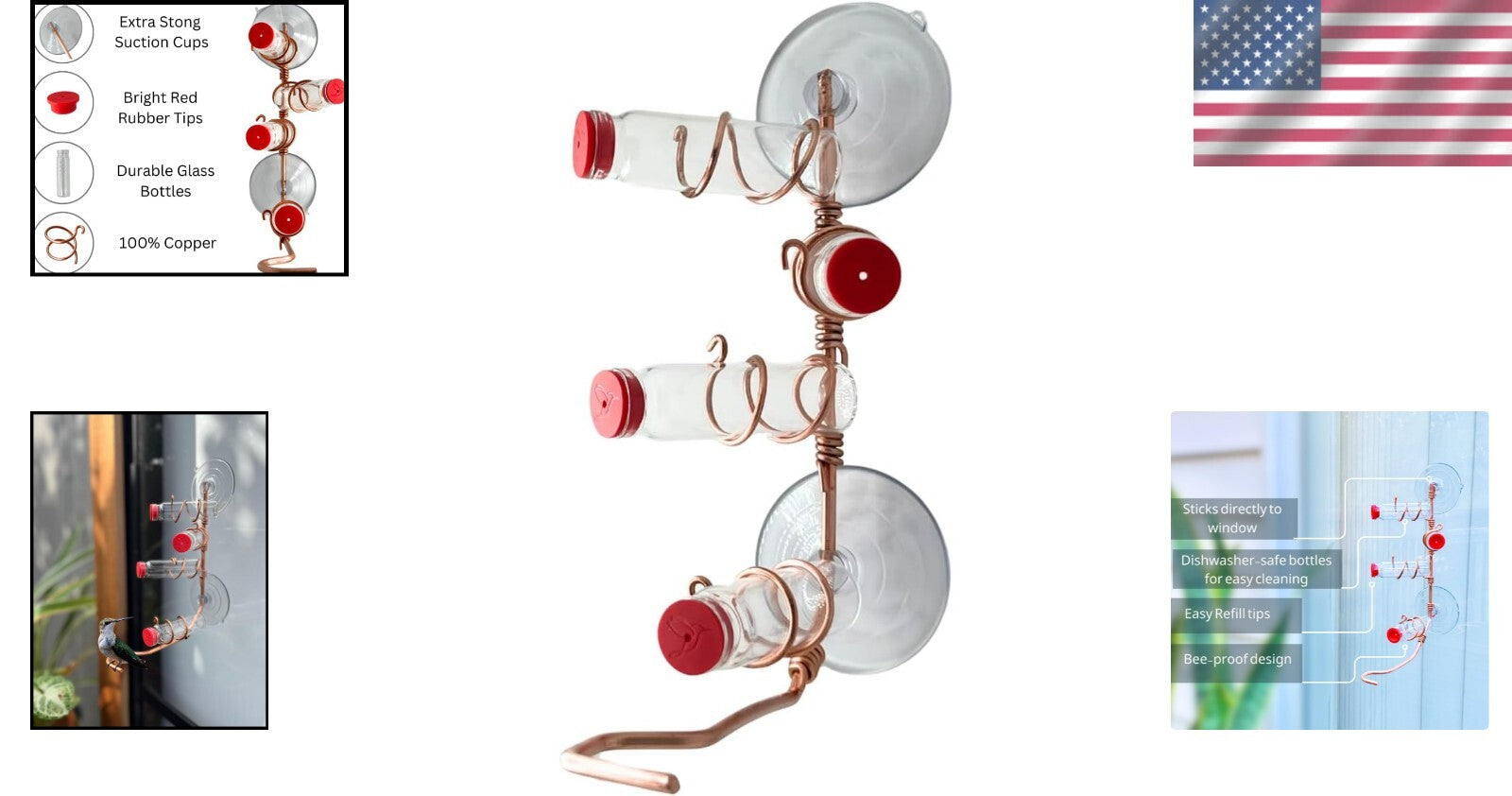 Handcrafted Copper Window Hummingbird Feeder with 4 Stations & Easy-Fill Bottles