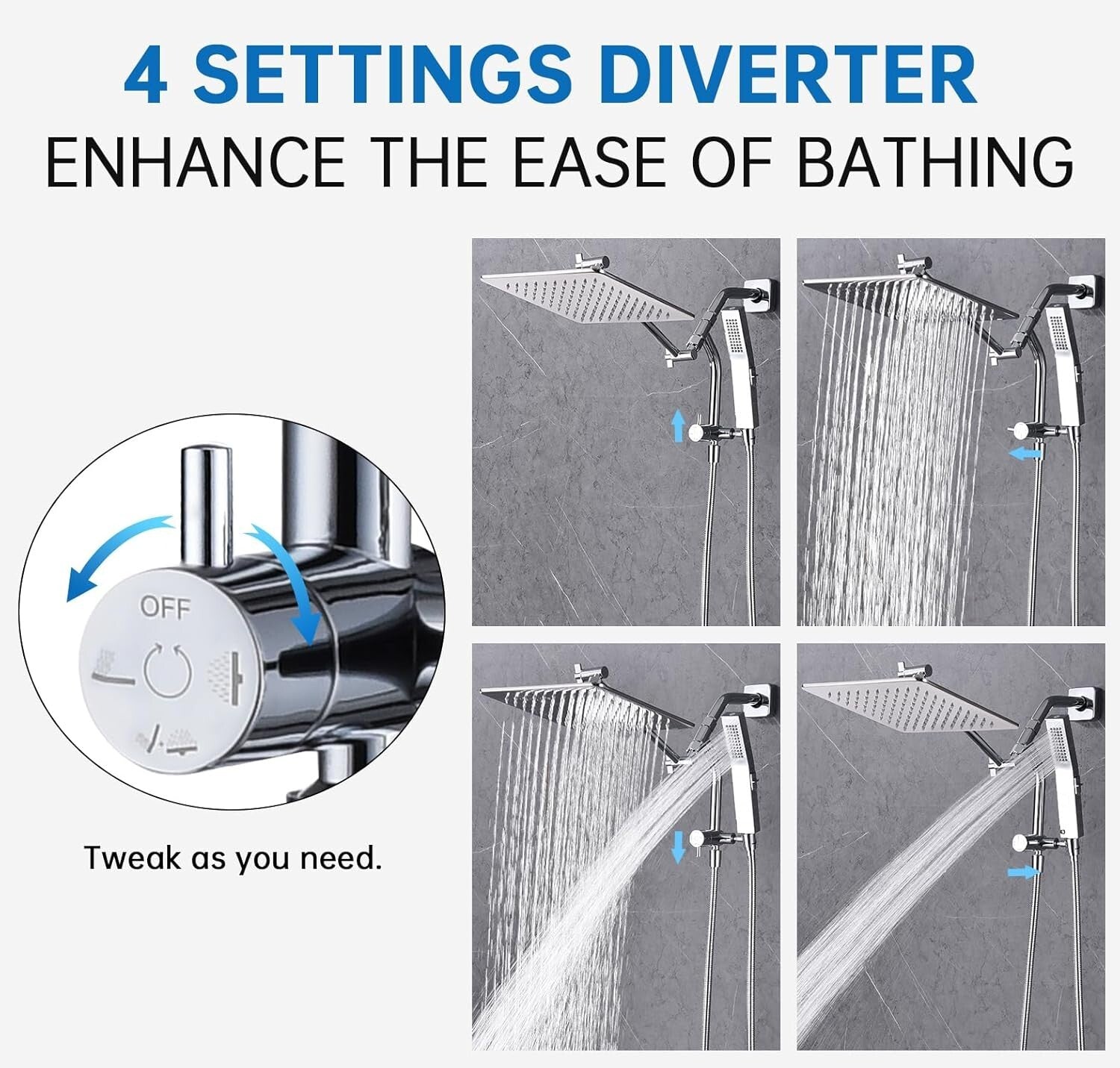 Premium All-Metal Shower Diverter with Low Holder - 4-Setting Universal Chrome