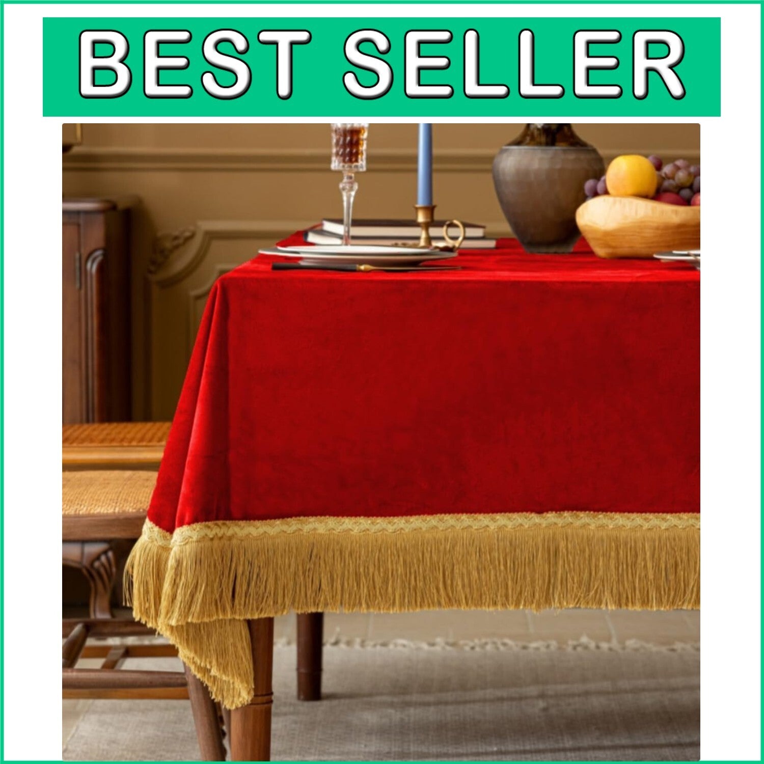 Elegant 60x120-Inch Red Velvet Tablecloth with Gold Tassel for Luxurious Dining