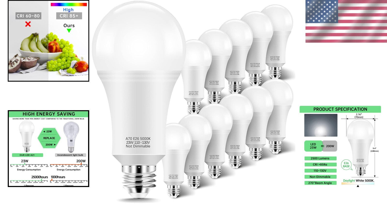 A21 E26 LED Bulbs 2500 Lumens, Pack of 12 - Bright Daylight White 5000K