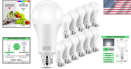 A21 E26 LED Bulbs 2500 Lumens, Pack of 12 - Bright Daylight White 5000K