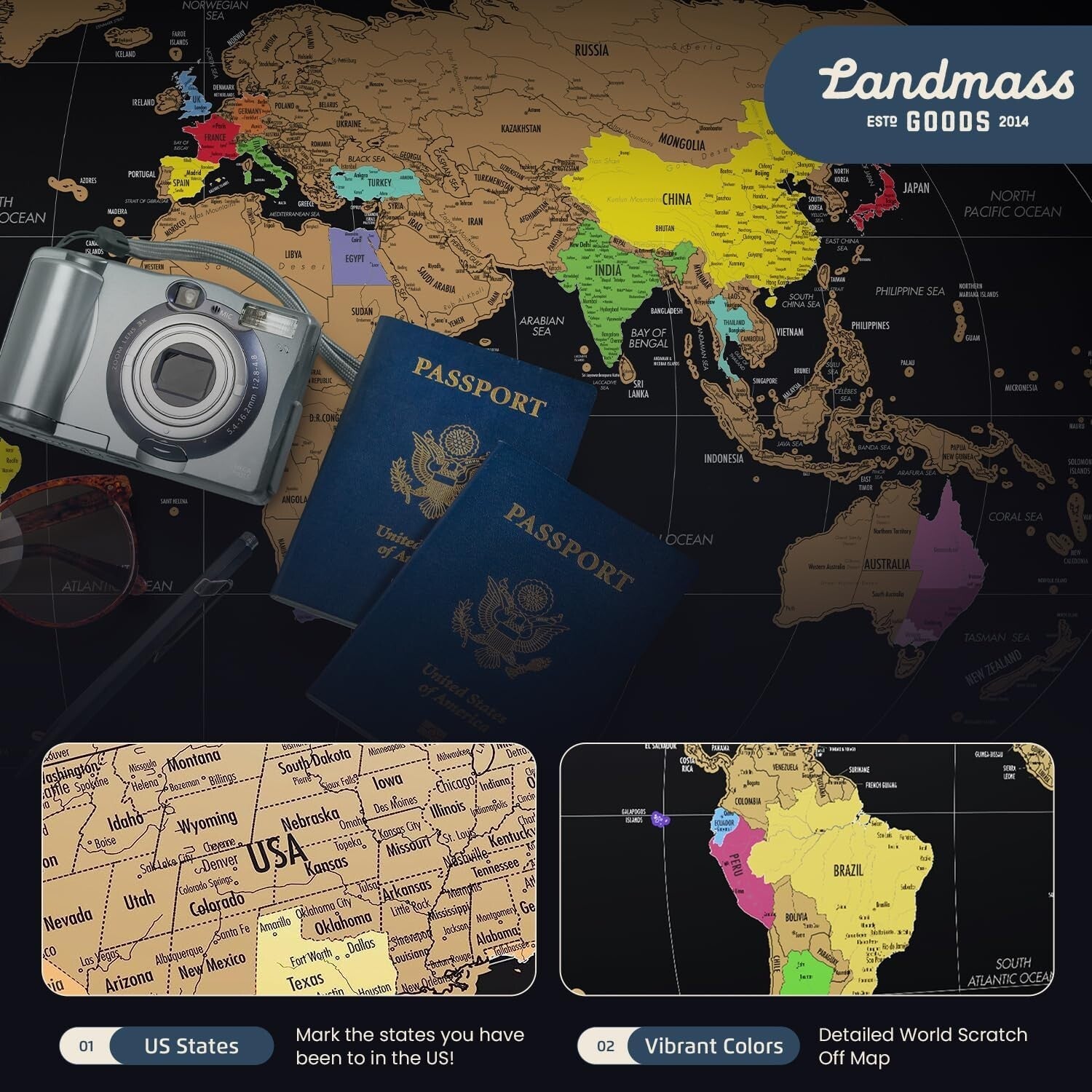 Large Matte Black Scratchable World Map with Flags and Wood Frame - Travel Decor