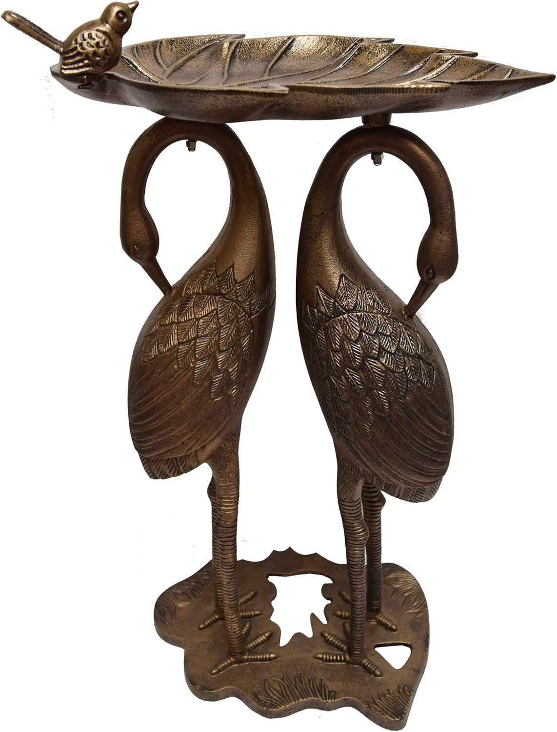 Elegant Antique Bronze Bird Bath with Crane Sculptures - 29 Lbs, Easy Assembly