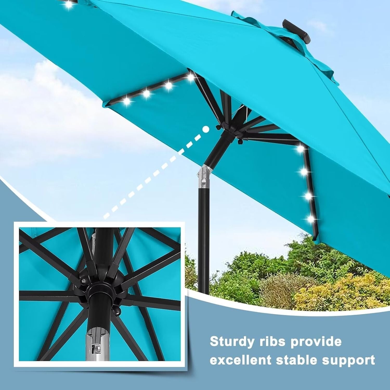Durable 9FT Turquoise Solar LED Patio Umbrella with 32 Lights - Elegant Shade