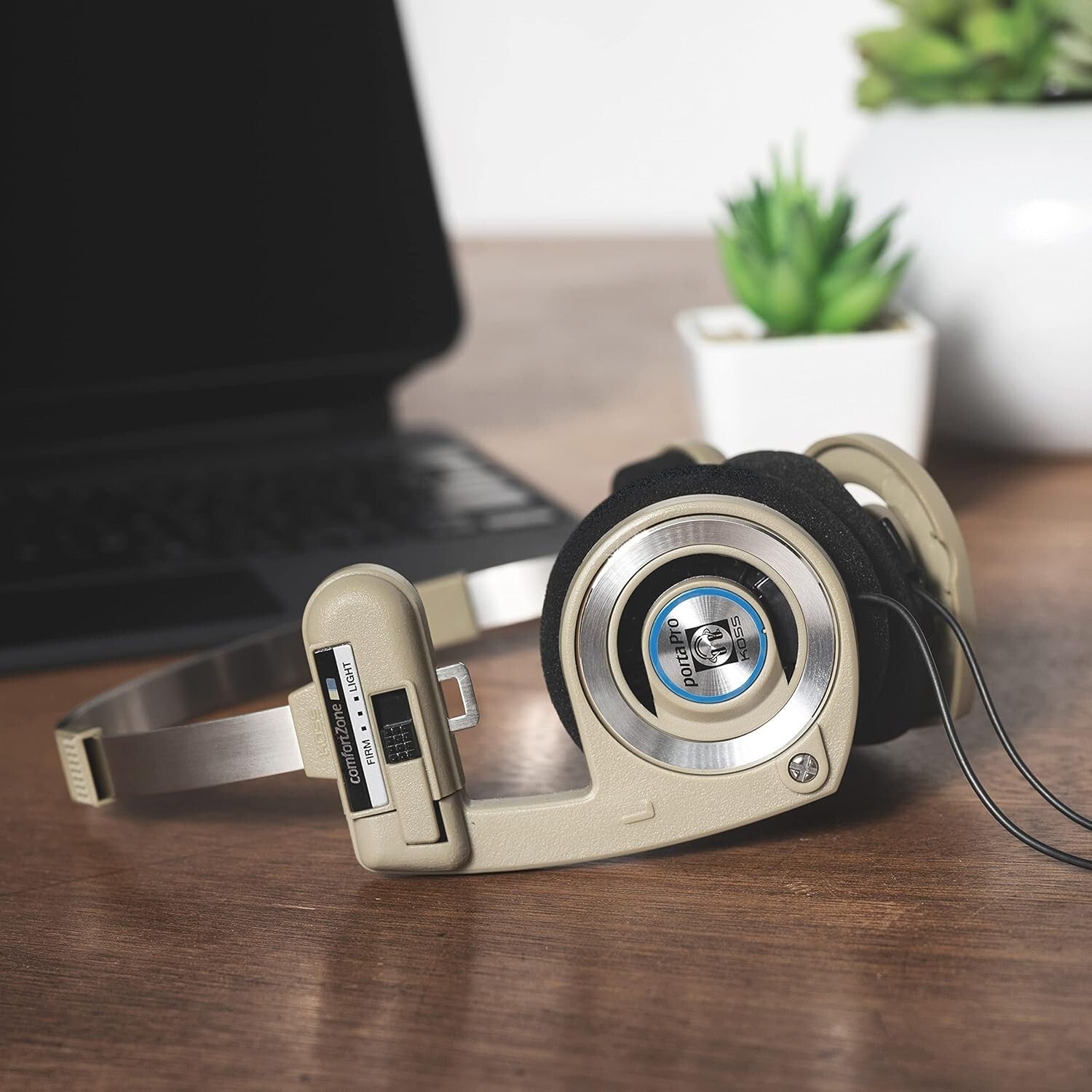 Foldable Porta Pro Headphones in Rhythm Beige with Volume Control & Carry Case