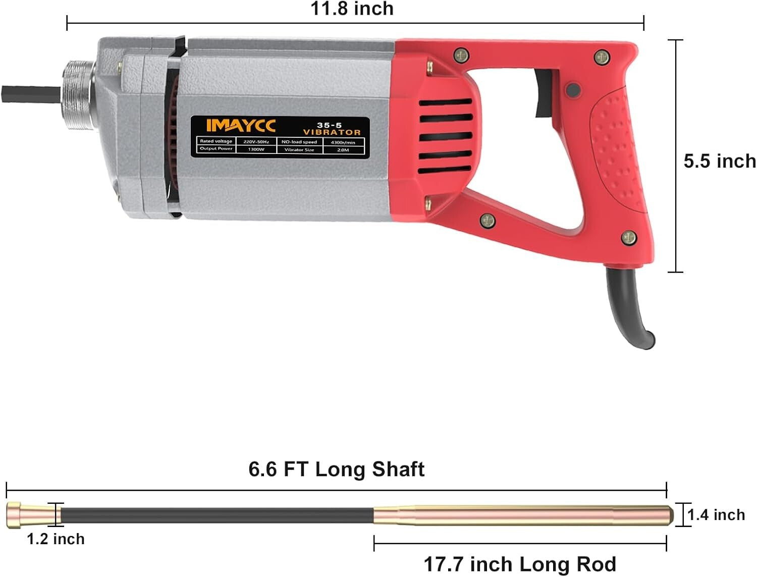 Efficient 1300W Concrete Vibrating Tool - 6.6 FT Long Copper Shaft for Easy Use