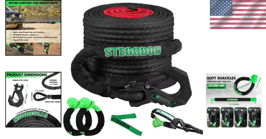 1/2" x 85 ft Synthetic Winch Line Kit - 32000lbs with Soft Shackles & Hook