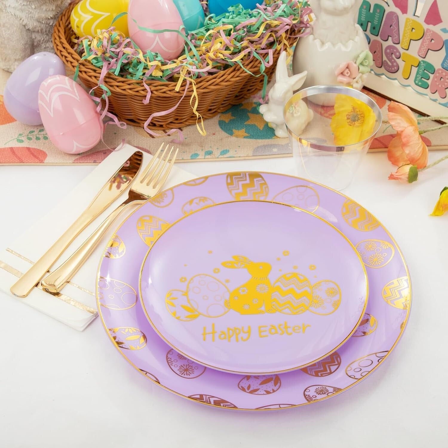175 Count Easter Themed Plates, Cups & Silverware - Elegant Party Essentials