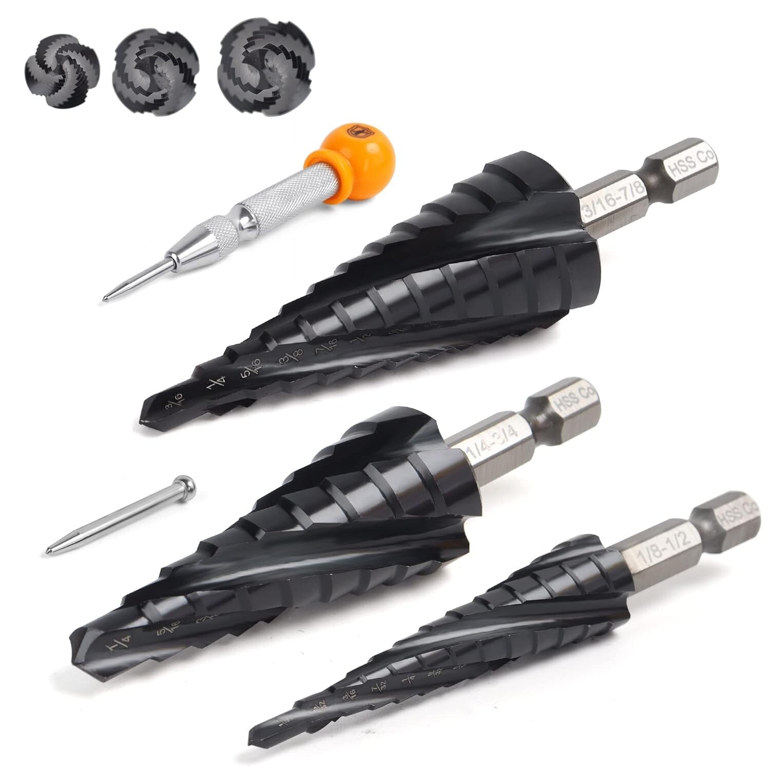 Heavy-Duty Cobalt Step Drill Bit Set, 3PCS with Magnetic Hex Shank & 4 Flutes