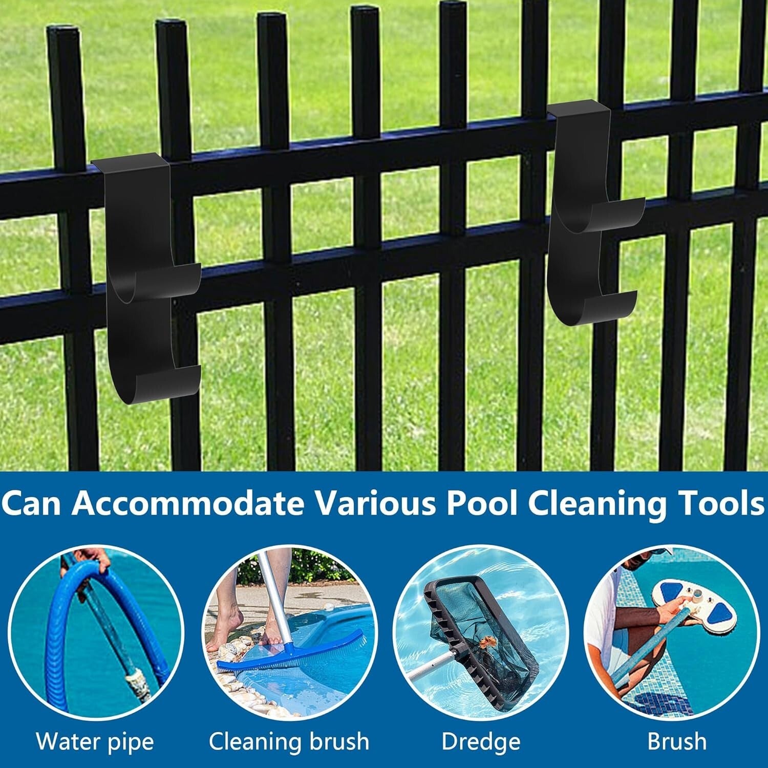 4-Piece Heavy-Duty Pool Fence Hooks - Slip-On Black Hangers for Outdoor Storage