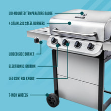 Load image into Gallery viewer, Performance Series 4-Burner Propane Gas Grill with Side Burner - Stainless Steel