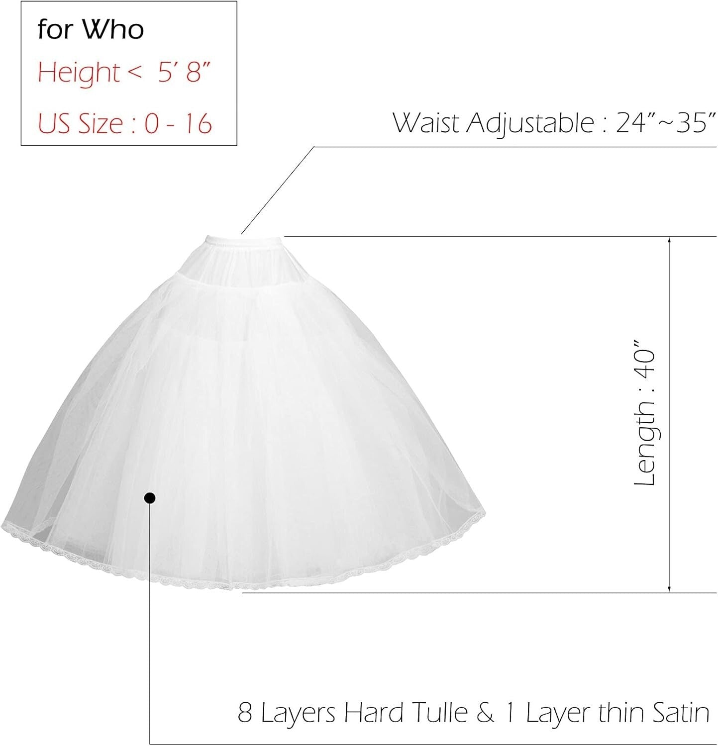 Puffy 8-Layer Tulle Petticoat for Weddings - Adjustable Fit, Comfort & Style