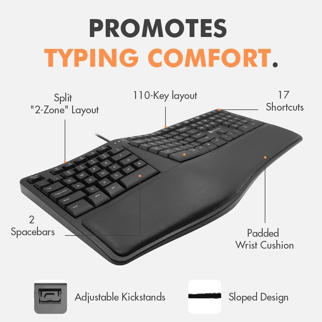 X9 Wired Ergonomic Keyboard: Cushioned Wrist Rest and 110 Keys for Productivity