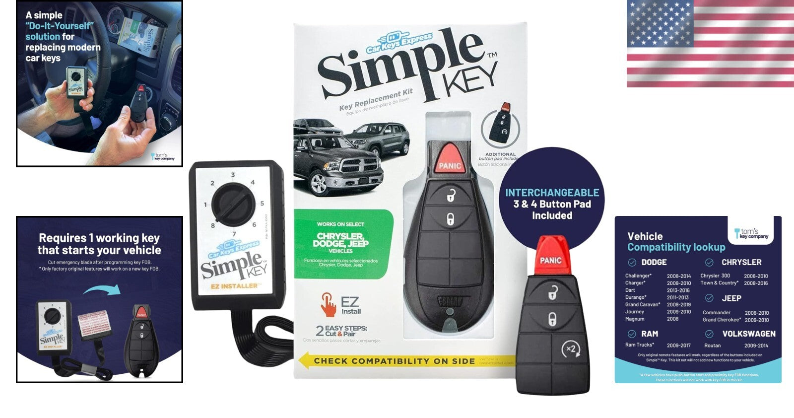 Interchangeable Key Fob & Programmer Kit for Chrysler, Dodge, Jeep, Volkswagen
