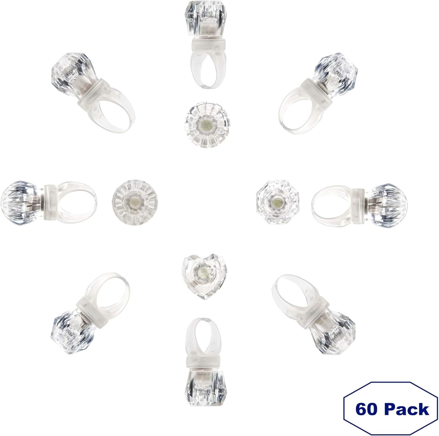 Adjustable LED Light-Up Diamond Rings - 60 Pack for Parties & Celebrations