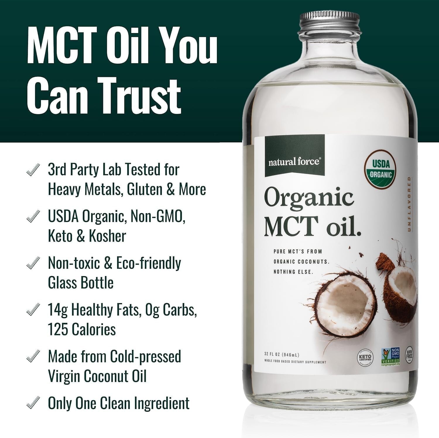 Cold Pressed Virgin Coconut MCT Oil – Lab Tested Quality – 32 Fluid Ounces