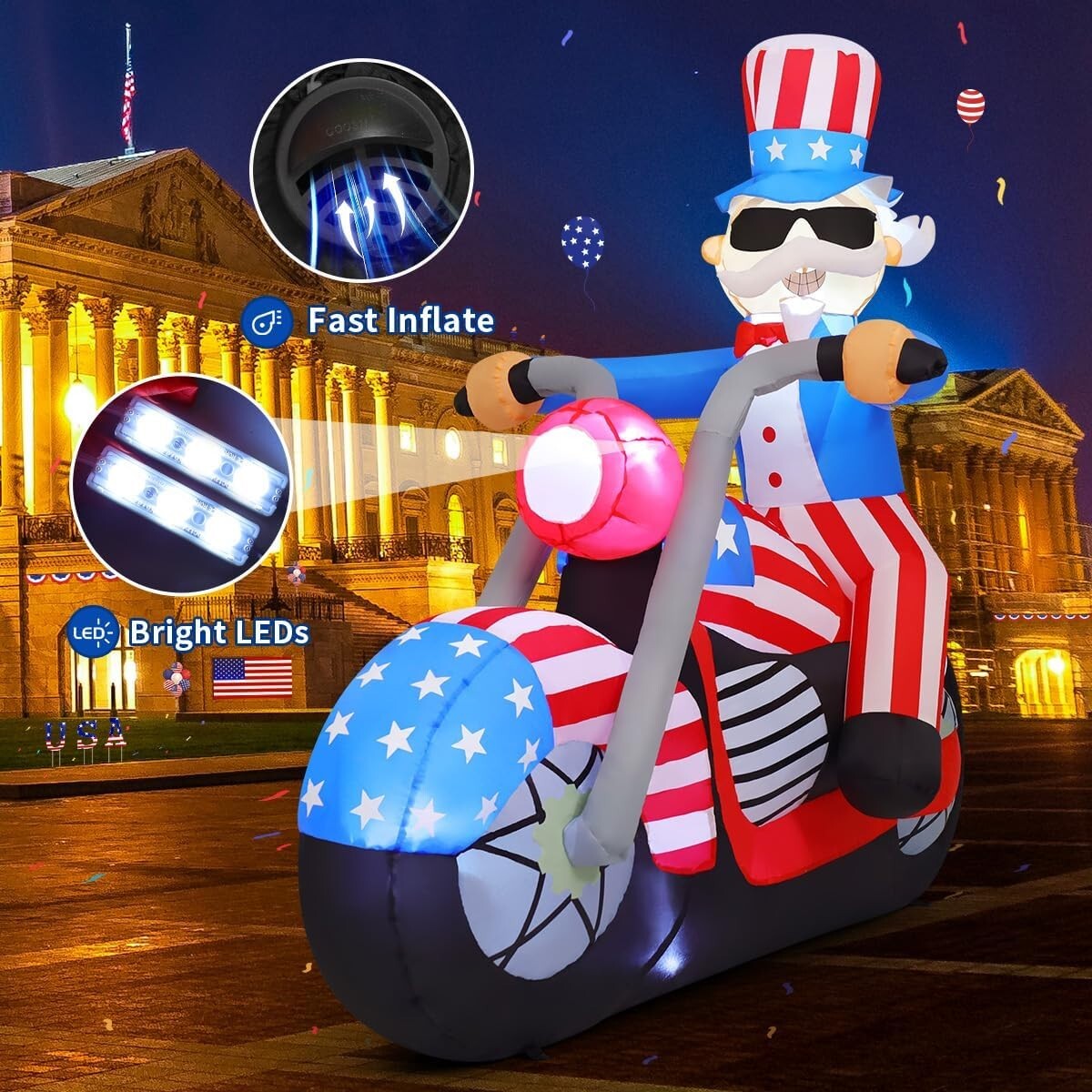 6 ft Patriotic Inflatable Uncle Sam with LED Lights for Independence Day Decor