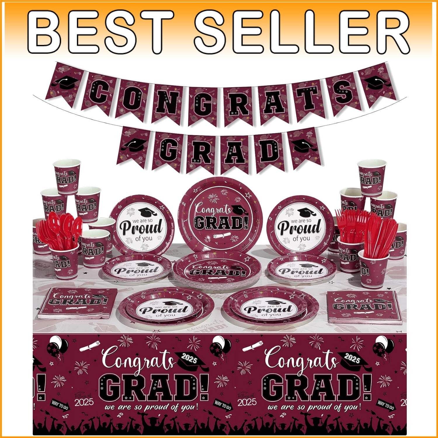 Elegant Maroon Graduation Dinnerware Set for Up to 50 Guests - Class of 2025