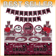 Load image into Gallery viewer, Elegant Maroon Graduation Dinnerware Set for Up to 50 Guests - Class of 2025