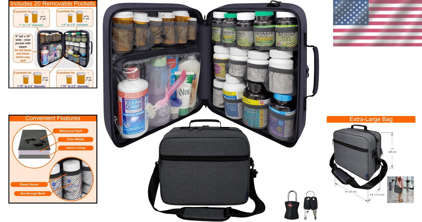 Extra-Large Pill Bottle Organizer: Travel Medicine Bag with Lock & 19 Pockets
