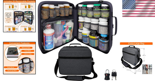 Extra-Large Pill Bottle Organizer: Travel Medicine Bag with Lock & 19 Pockets
