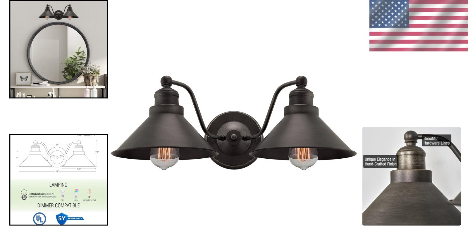 Brushed Dark Industrial Bronze 2-Light Bathroom Sconce with Dimmer Compatibility