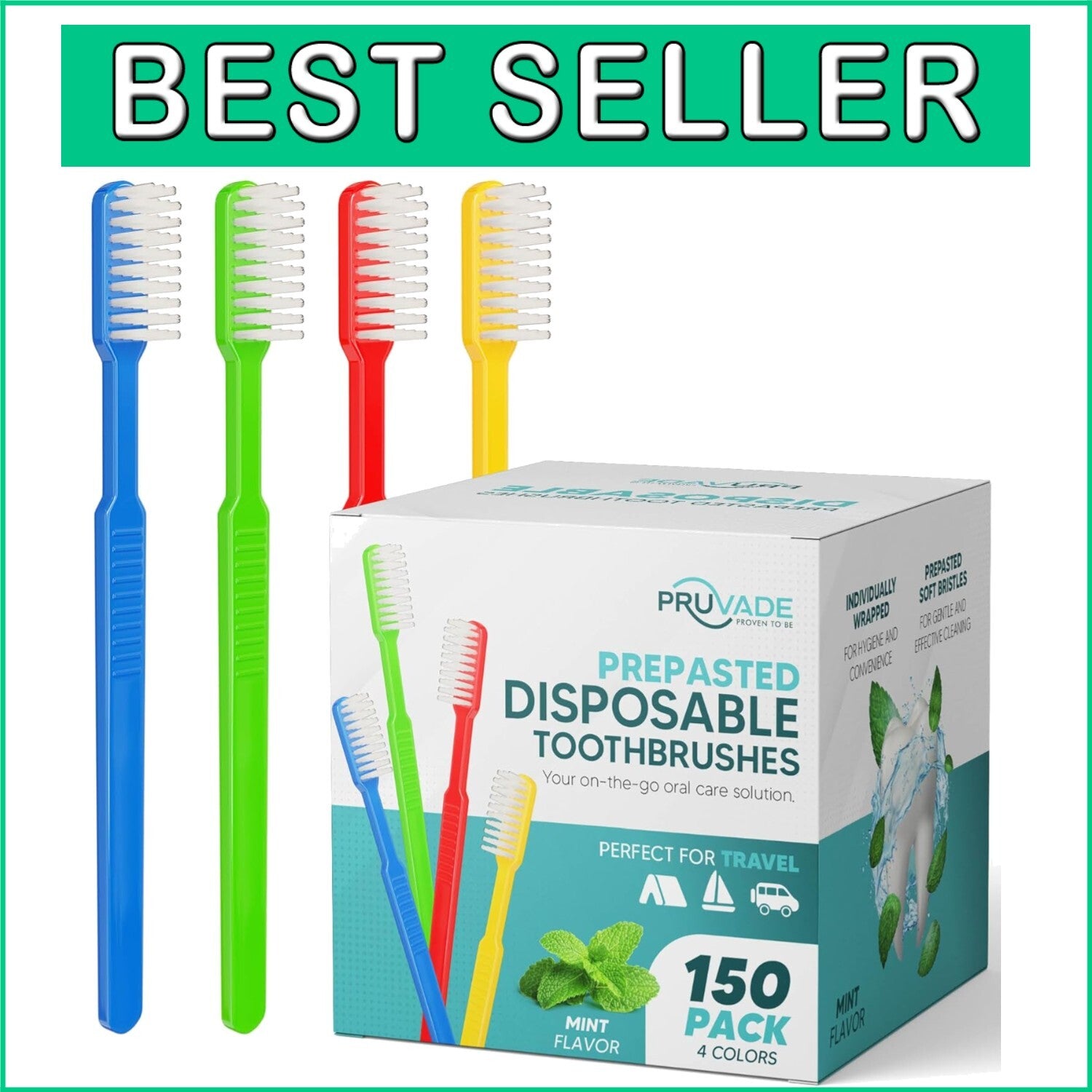 Essential 150 Count Disposable Toothbrush Set - Waterless Mint Flavor for Travel