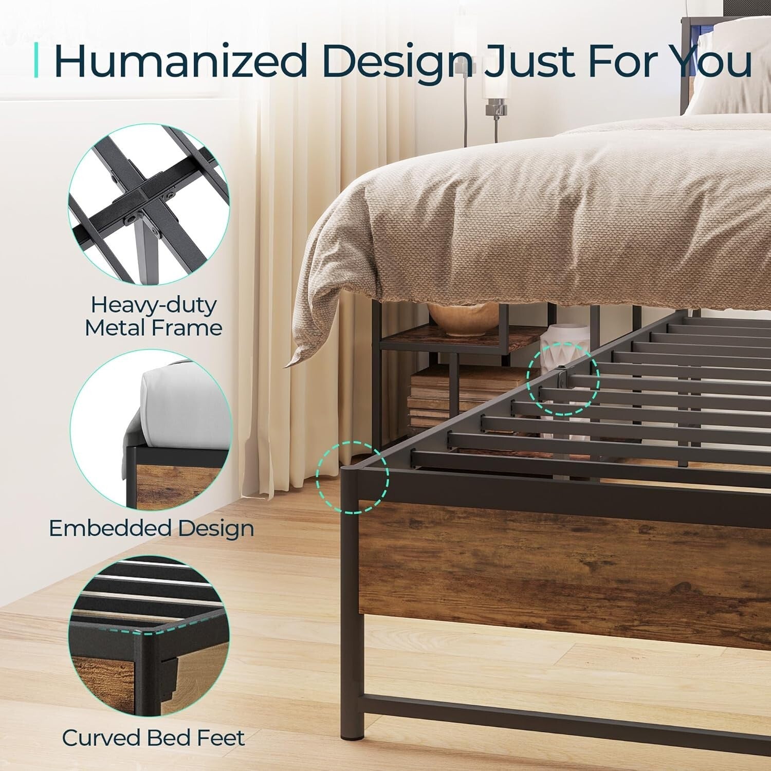Heavy-Duty Twin Bed Frame with Stylish Ergonomic Headboard & Under-Bed Storage