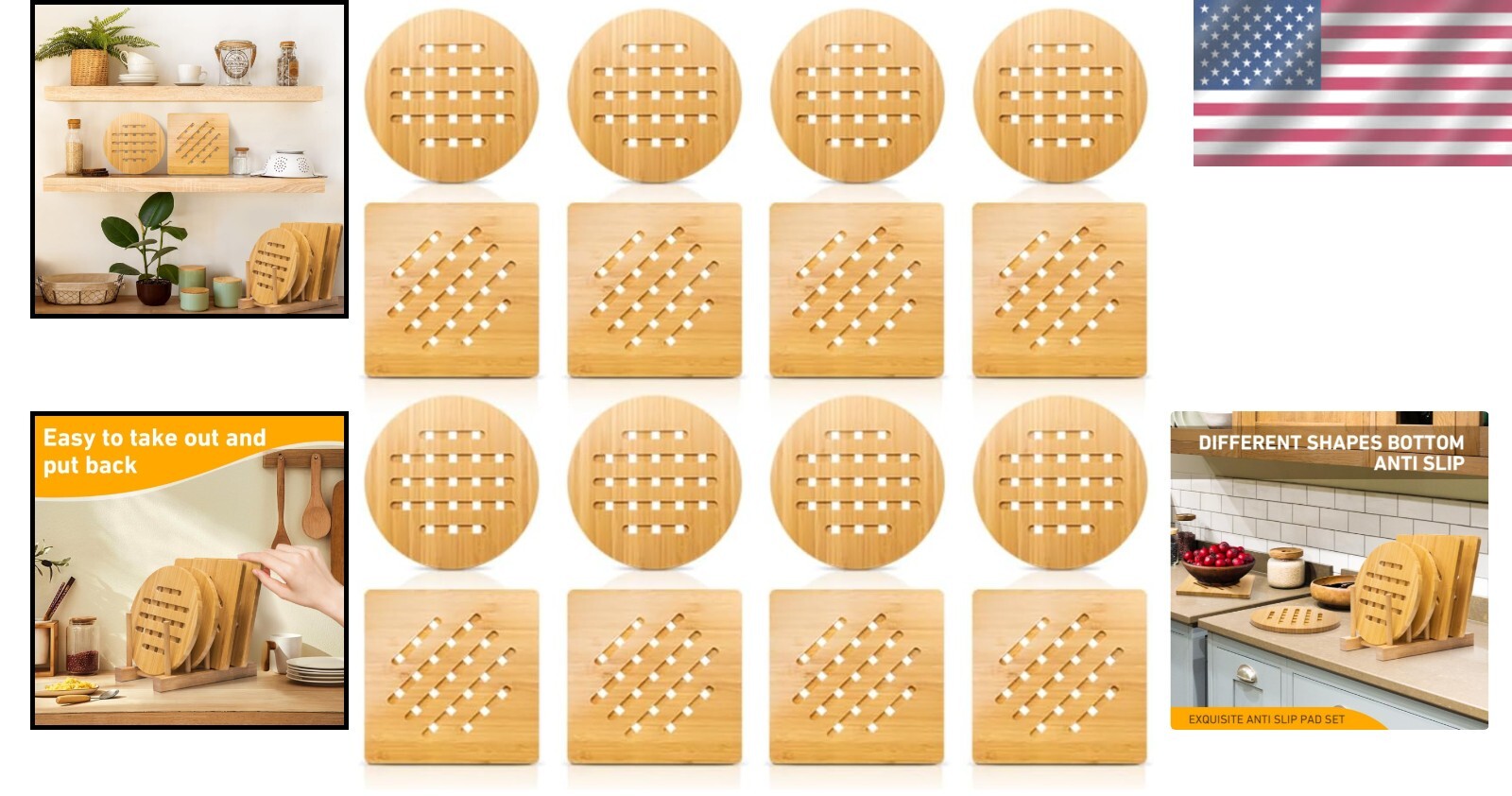 Stylish Bamboo Trivet Set of 16 - Heat Resistant Hot Pads for Kitchen & Dining