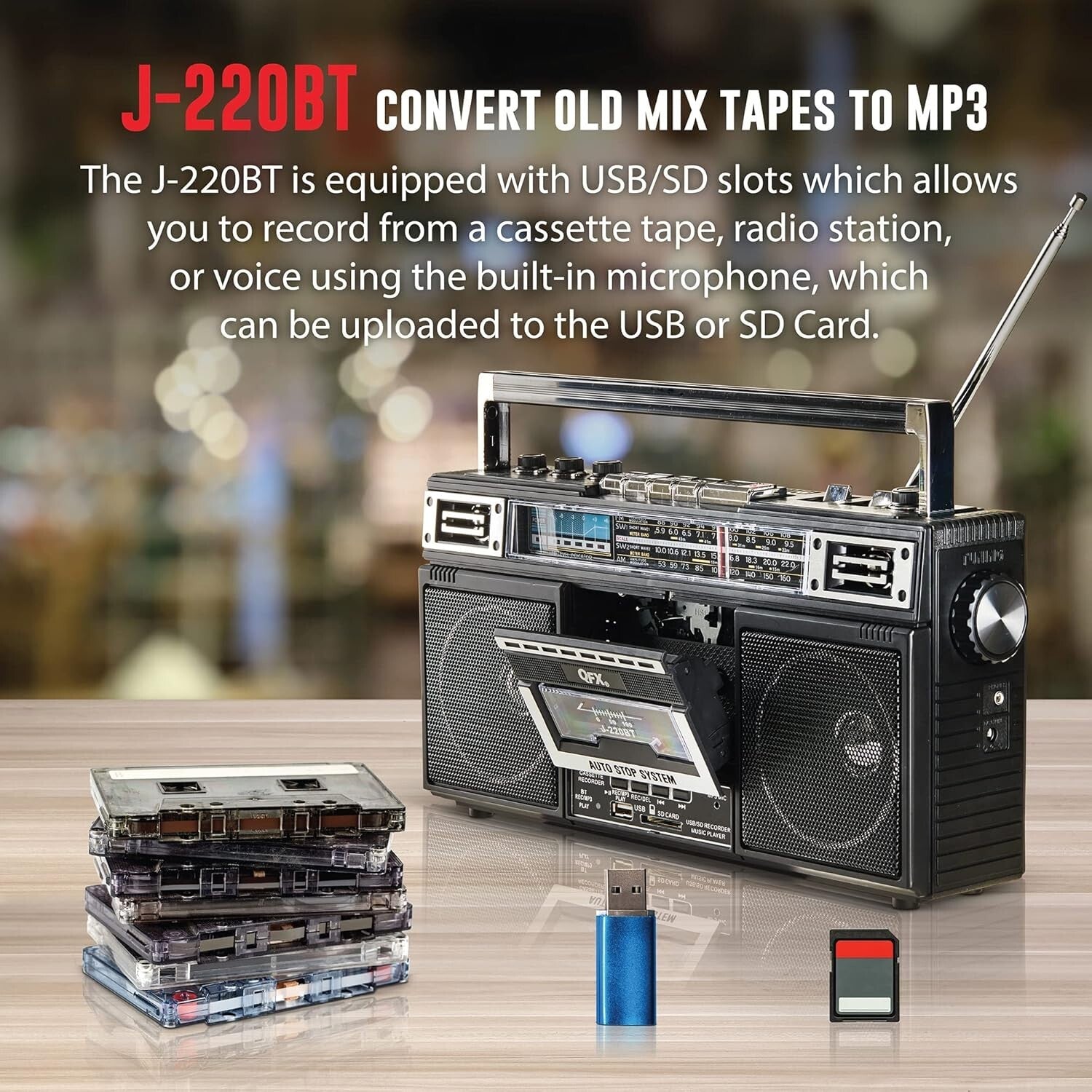 Portable 4-Band Bluetooth Boombox: Record, Convert & Enjoy Your Music Collection