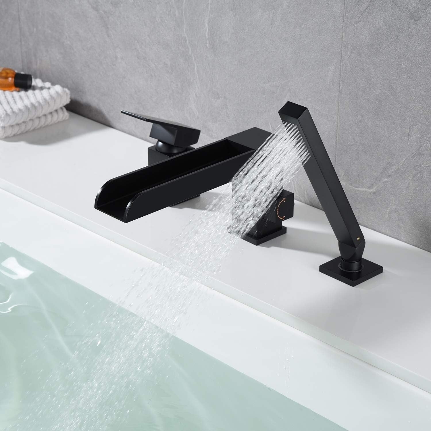 360° Swivel Spout Black Tub Faucet with Hand Shower – Brass Deck Mount Design