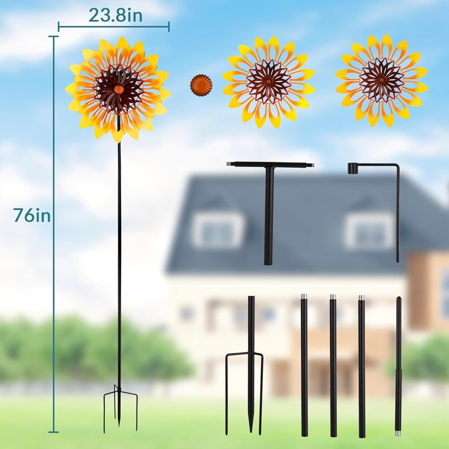 Large 76" Metal Sunflower Pinwheel with Double-Sided Fans for Outdoor Spaces