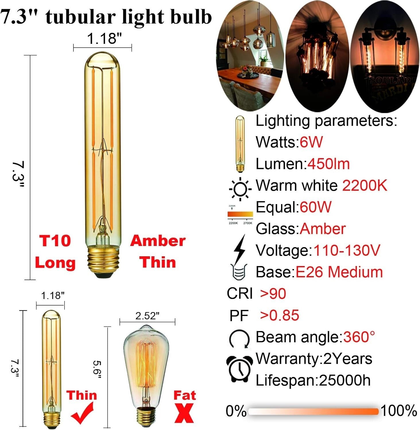 E26 LED Vintage Bulb 6W - Dimmable & Eye-Friendly, Warm White 2200K - 6 Pack