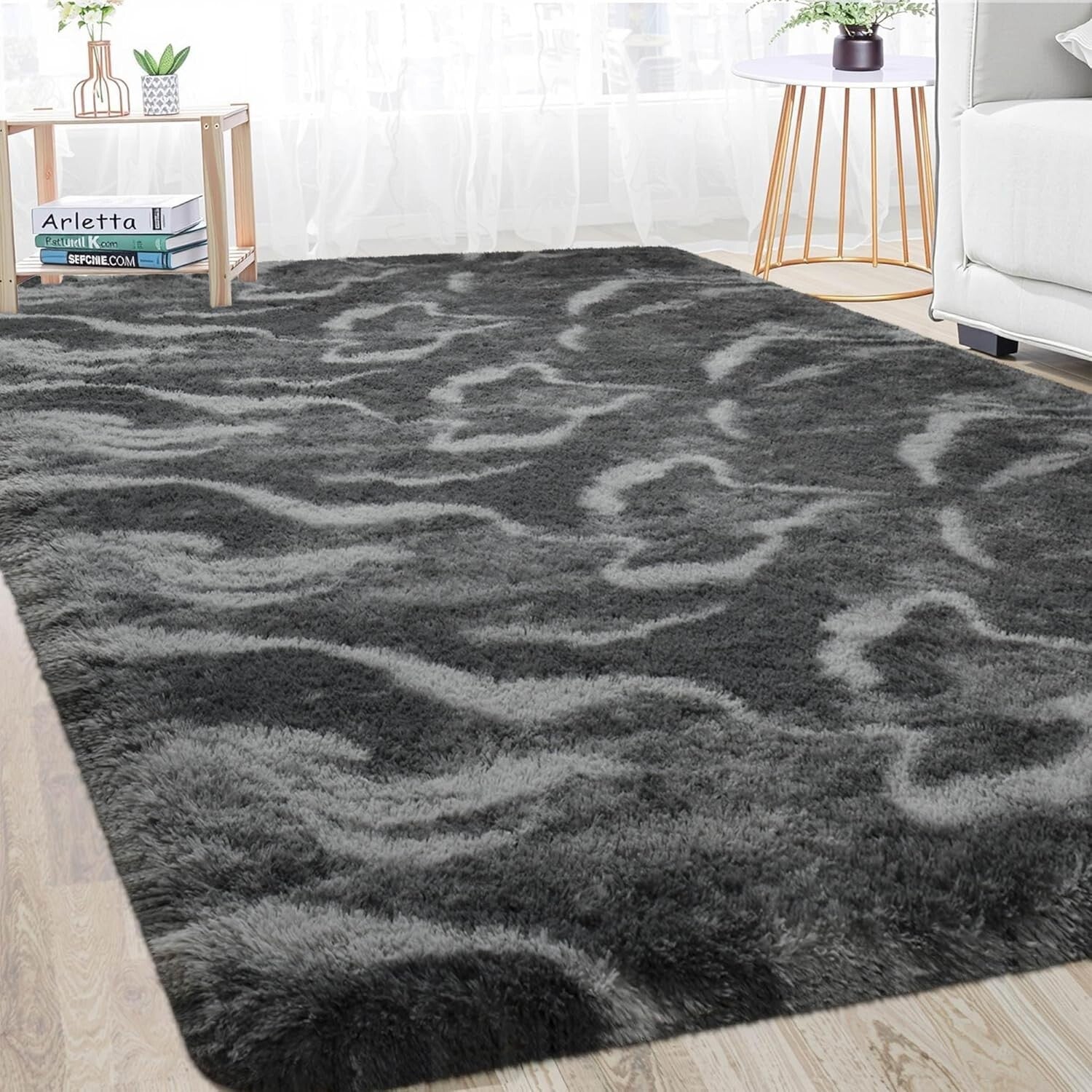 Elegant Black & White Shag Rug, 6x9 Feet Soft Velvet for Cozy Living Spaces