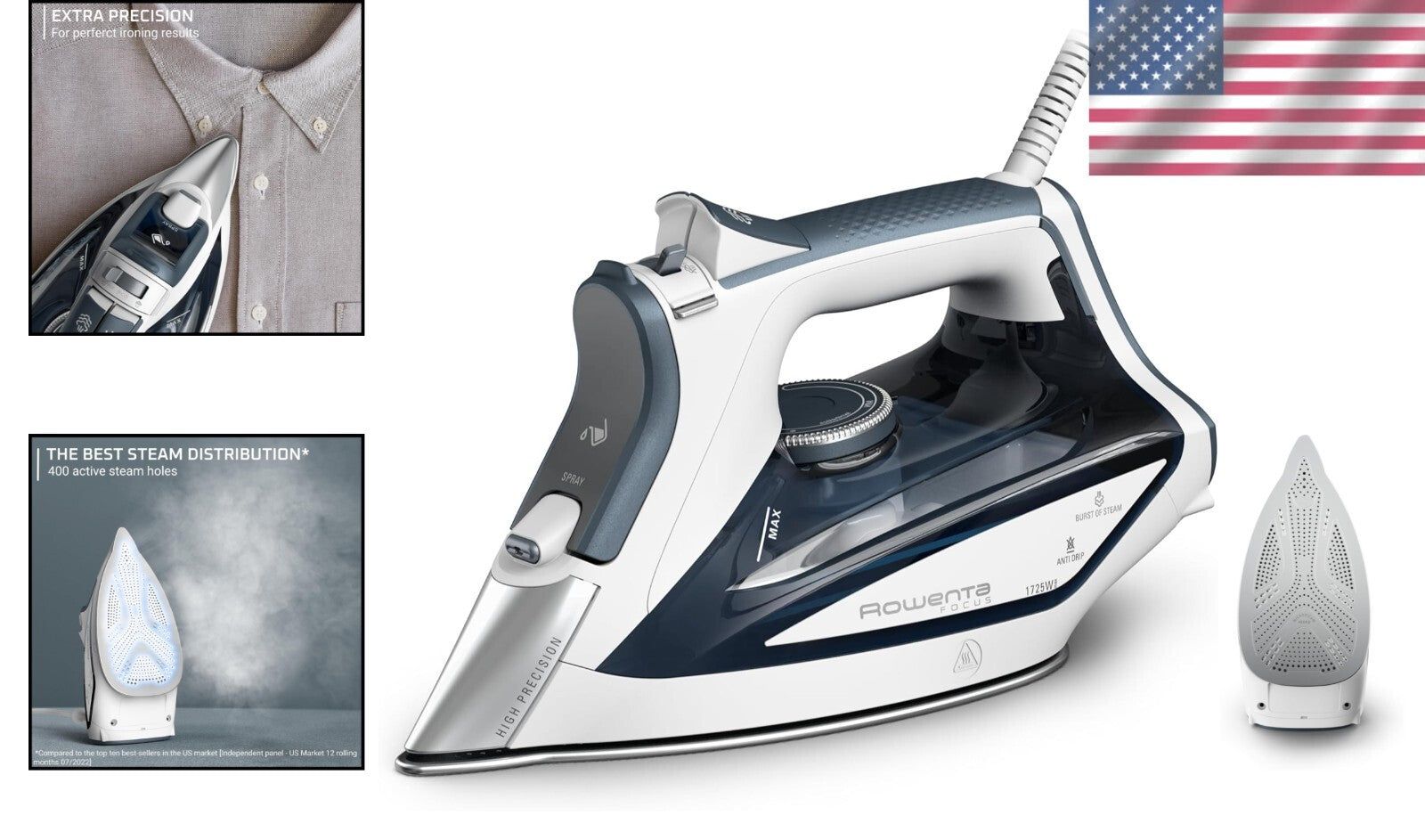 Powerful 1725W Steam Iron with Stainless Steel Soleplate & 400 Microsteam Holes