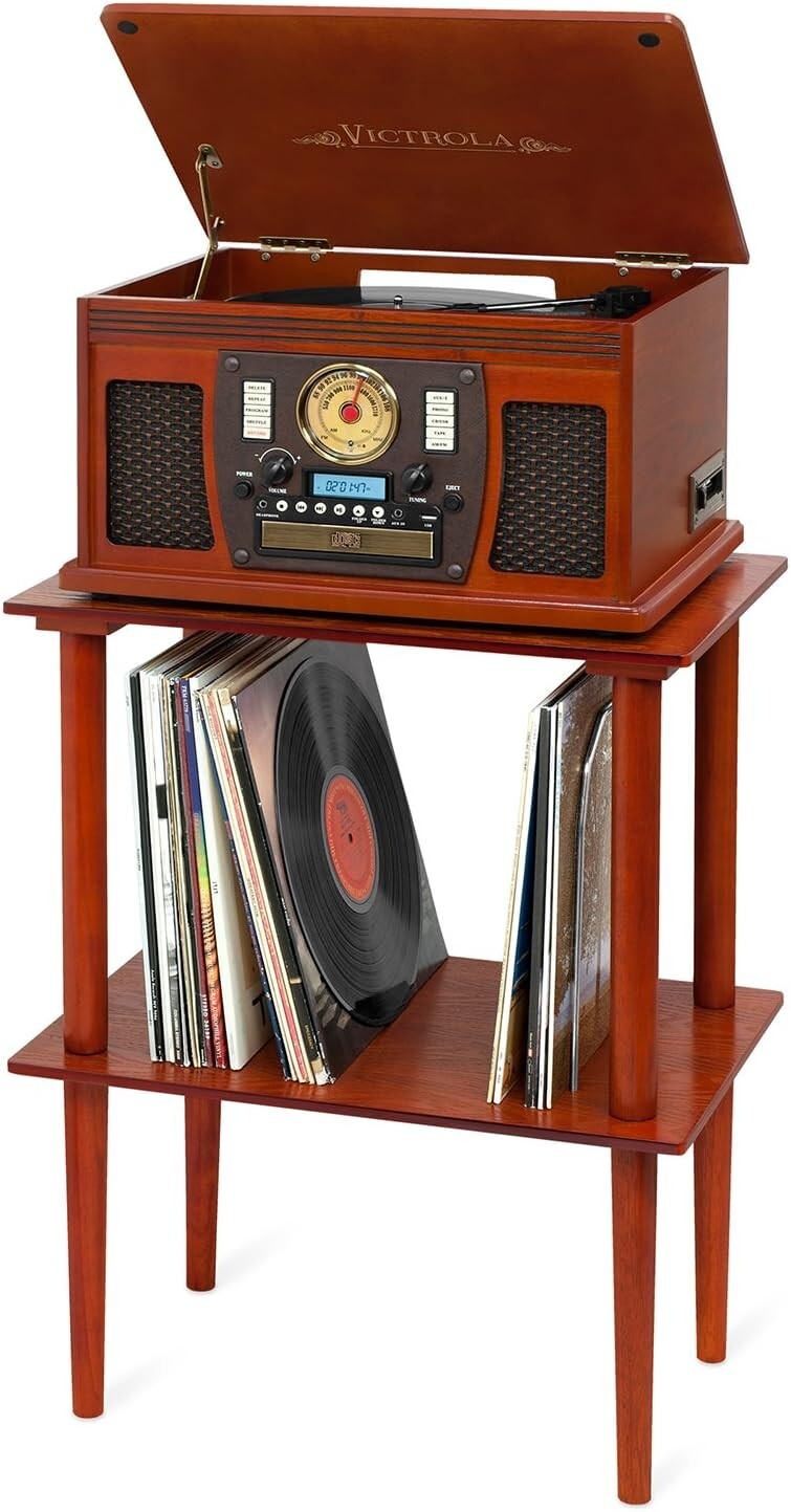 Elegant Mahogany Wooden Stand for Music Centers with 50+ Vinyl Record Holder