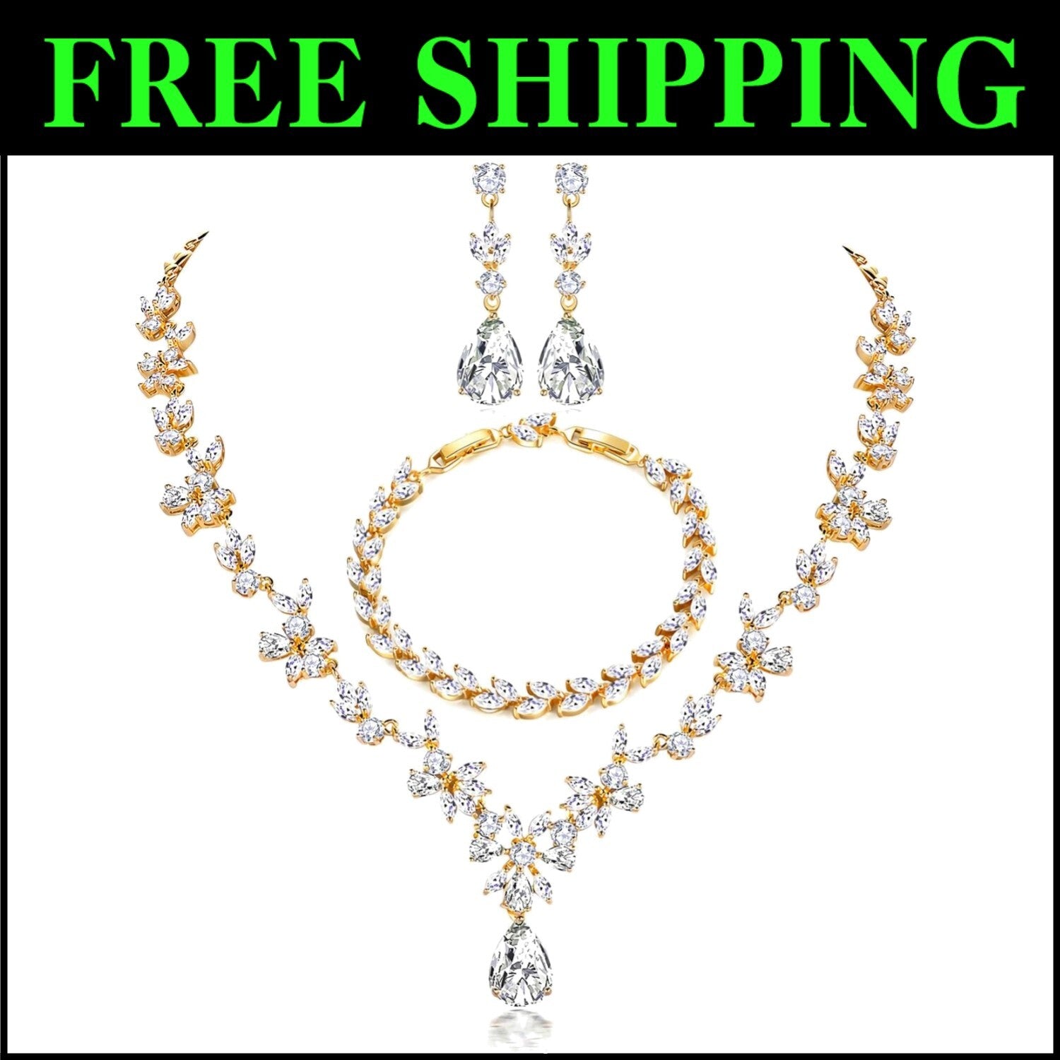 Bridal Jewelry Set: Necklace, Earrings & Adjustable Bracelet - Stunning Elegance