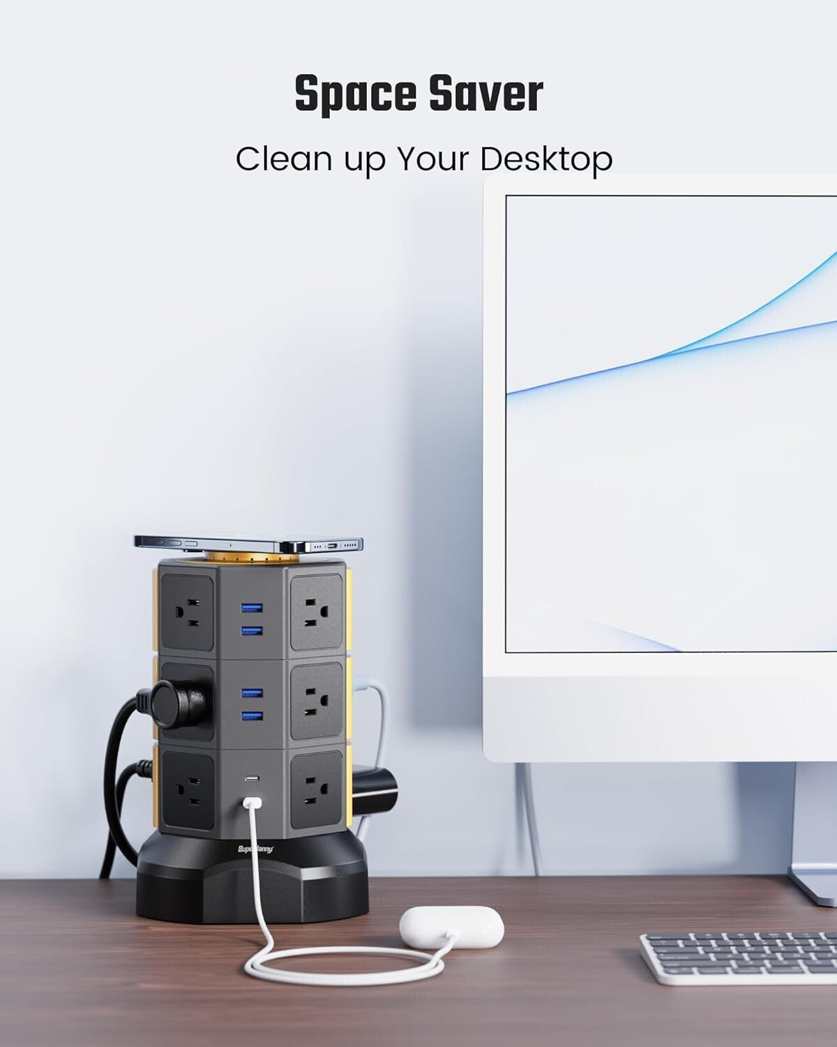 Elegant Surge Protector Tower with 15W Wireless Charger & 12 AC Outlets in Gold